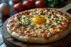 a serving of Georgian khachapuri, oozing with melted cheese and a perfectly cooked egg yolk in the center photo
