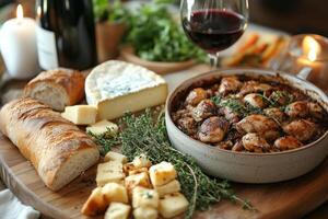 a French farmhouse dinner, featuring a rustic baguette, cheese board, coq au vin, and red wine photo