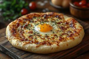 a serving of Georgian khachapuri, oozing with melted cheese and a perfectly cooked egg yolk in the center, presented on a wooden board with daylight highlighting the texture photo