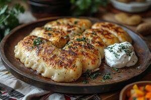 a traditional Eastern European table setting with freshly baked pierogi served on a rustic wooden plate photo