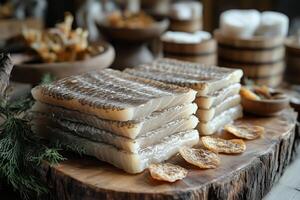 Greenlandic mattak, whale skin with blubber, arranged on a wooden plate photo