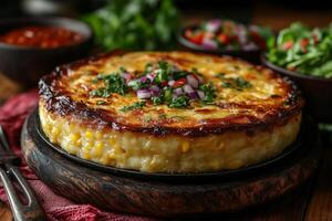 a Chilean pastel de choclo, corn pie, baked to a golden crust, served with a side of fresh salad photo