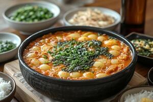 a traditional Korean meal with a central pot of bubbling kimchi jjigae, surrounded by small plates of banchan, rice, and a bottle of soju, with a clean and modern table setting photo