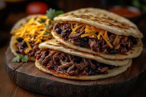 Venezuelan arepas filled with shredded beef, black beans, and cheese, arranged on a rustic wooden plate photo