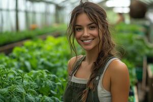 a woman supervising farmworkers in a greenhouse, explaining planting techniques, surrounded by rows of vibrant green plants and warm natural light streaming through the glass photo