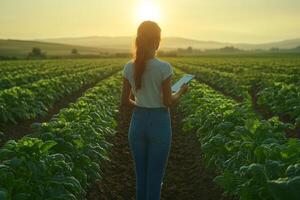 a female farmer standing confidently in the middle of a vegetable field, holding a clipboard and a smartphone, with rows of crops stretching into the distance under natural sunlight photo
