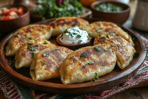 a traditional Eastern European table setting with freshly baked pierogi served on a rustic wooden plate, garnished with sour cream and herbs, surrounded by traditional textiles, soft light photo