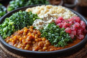 a platter of Ethiopian injera topped with various colorful wot, stews, including lentils, greens, and chicken, placed on a traditional basket table with natural lighting photo