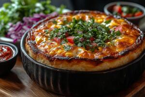 a Chilean pastel de choclo, corn pie, baked to a golden crust, served with a side of fresh salad and traditional chili sauce, in a warm kitchen setting photo