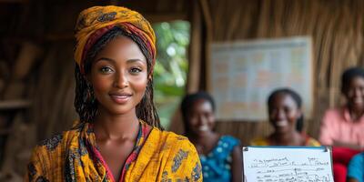 a woman confidently leading a meeting in a small rural community center photo