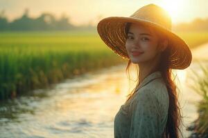 a woman managing an irrigation system in a rice field, standing on a levee with water flowing nearby, wearing traditional farming attire photo