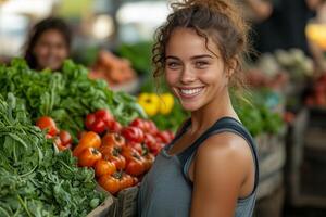 a woman organizing a community food distribution, handing out fresh produce to smiling families, with a rural setting of homes and fields in the background, bright and cheerful lighting photo