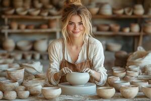 a woman working in her pottery studio, shaping clay on a potters wheel, surrounded by handcrafted ceramics and earthy tones, illuminated by natural light photo
