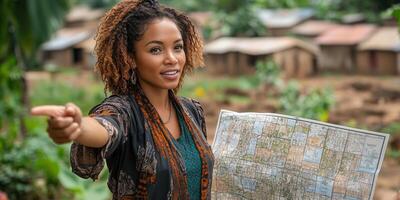 a female leader presenting plans for a village development project to a group, pointing to a large map with rural houses and farms in the background, leaving space on the right for copy placement photo