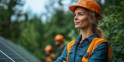 a female leader supervising a solar energy installation project for a cooperative, standing confidently beside solar panels with workers in the background photo