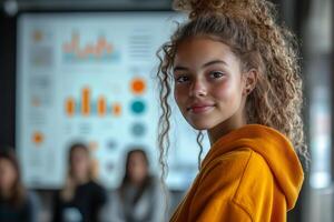 a group of teenage entrepreneurs pitching their startup idea, standing in front of a presentation screen with graphs and visuals, excited expressions and bright natural lighting photo