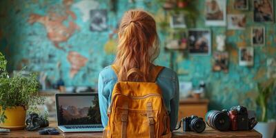 a teen photographer editing photos on a laptop, with a camera, lens, and accessories spread out on the table, a bright and creative atmosphere, and space on the right for text