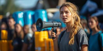 a female leader addressing her team outdoors during a humanitarian project, holding a megaphone and standing in front of supplies, with room on the right for event details photo