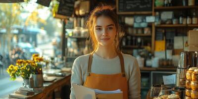 a woman leading a team discussion in a local cafe, reviewing notes and brainstorming ideas, with a bright and modern atmosphere photo