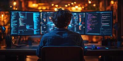 a teenage coder working on a project, sitting in a cozy workspace with multiple monitors displaying code, glowing digital graphics, and a clear area on the right for text photo
