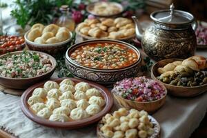a Russian holiday table, featuring pelmeni, borscht, pickled vegetables, and freshly baked pirozhki, served on a linen tablecloth with samovar tea and natural light photo