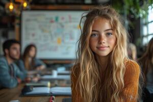 a teenage girl leading a startup meeting, presenting a plan on a whiteboard to her peers, who are taking notes and discussing ideas, in a bright and creative room photo