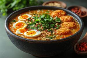 a rare Burmese mohinga, a fish-based noodle soup garnished with boiled eggs, crispy fritters, and herbs, served in a handcrafted bowl with vibrant spices on the side, warm natural lighting photo