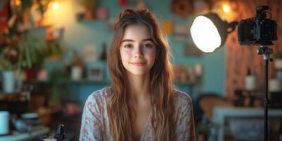 a teenage content creator filming a vlog in a well-lit room, using a camera and ring light, surrounded by props and creative decor, with space on the right for text photo