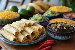 a traditional Mexican meal, with tacos, tamales, guacamole, and mole sauce, arranged on vibrant ceramic plates, surrounded by limes and chili peppers, under natural light photo