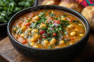 a steaming bowl of West African peanut soup, groundnut stew, served with fresh bread rolls and a side of vegetables photo