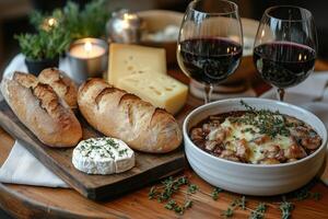 a French farmhouse dinner, featuring a rustic baguette, cheese board, coq au vin and red wine photo