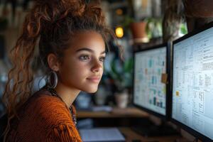 A teen web designer brainstorms ideas on a monitor, showcasing creativity, ambition, and independence photo