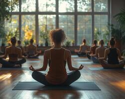 a group yoga class featuring people with various disabilities, a supportive instructor guiding them, cozy studio with natural lighting and calming decor photo