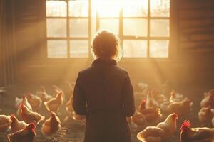 a female poultry farmer walking through a chicken coop, inspecting free-range chickens, with sunlight streaming through windows and natural materials creating a rustic ambiance photo