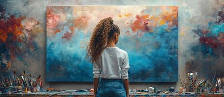 a teenage artist painting a large canvas in a bright studio, surrounded by brushes, paint splatters, and art supplies, with clean space on the right for text or branding photo