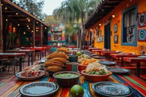 a traditional Mexican meal, with tacos, tamales, guacamole, and mole sauce, arranged on vibrant ceramic plates, surrounded by limes and chili peppers, under bright light photo