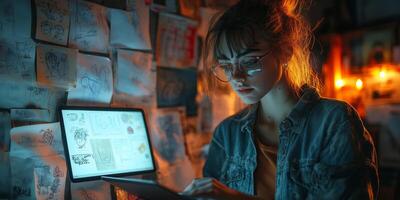 a teen animator creating digital illustrations on a tablet, with sketches pinned on the walls, glowing screens, and space on the right for promotional details photo