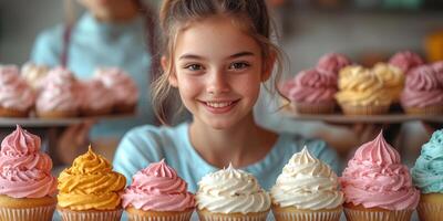 a teen baker arranging cupcakes on a table, preparing for an online order, surrounded by colorful frosting and baking tools photo