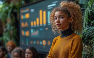 a group of teenage entrepreneurs pitching their startup idea, standing in front of a presentation screen with graphs and visuals photo