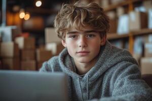 a teen boy managing a dropshipping business, typing on a laptop with packages and inventory in the background, natural light streaming into a room photo