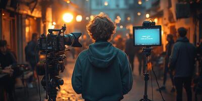 a teenage filmmaker directing a scene with a camera and lighting equipment, surrounded by a small crew in a creative workspace, with open space on the right for branding photo
