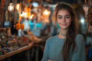 a teenage entrepreneur editing photos for her online handmade jewelry shop, using a lightbox and a camera, surrounded by tools and colorful beads in a creative studio
