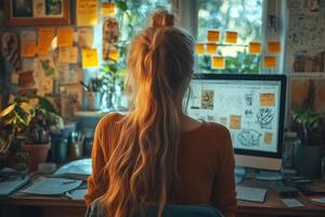a teenage girl designing a logo on her computer, working in a cozy home studio with inspirational mood boards and sticky notes on the walls, illuminated by soft daylight photo