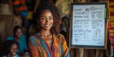 a woman confidently leading a meeting in a community center photo