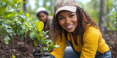 a woman leading a tree-planting initiative in a rural area, showing a group of volunteers where to plant saplings, with a natural environment and clear copy space on the right photo