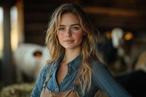 a woman running a small dairy farm, standing with her hands on her hips beside cows in a barn, with hay and feeding troughs in the background, illuminated by soft natural light photo