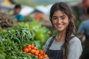 a woman organizing a community food distribution, handing out fresh produce to smiling families photo