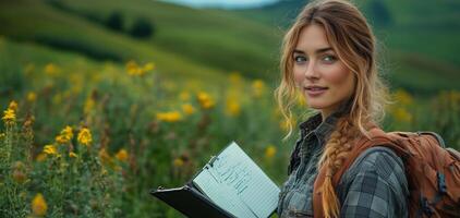 a woman inspecting crops alongside other farmers in a cooperative field, holding a notebook and discussing strategies photo