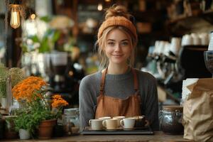 a woman managing a small coffee shop in a rural community, standing behind the counter with a tray of coffee cups, surrounded by rustic decor photo