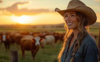 a female rancher standing near a herd of cattle, holding a notebook and talking to a farmhand photo